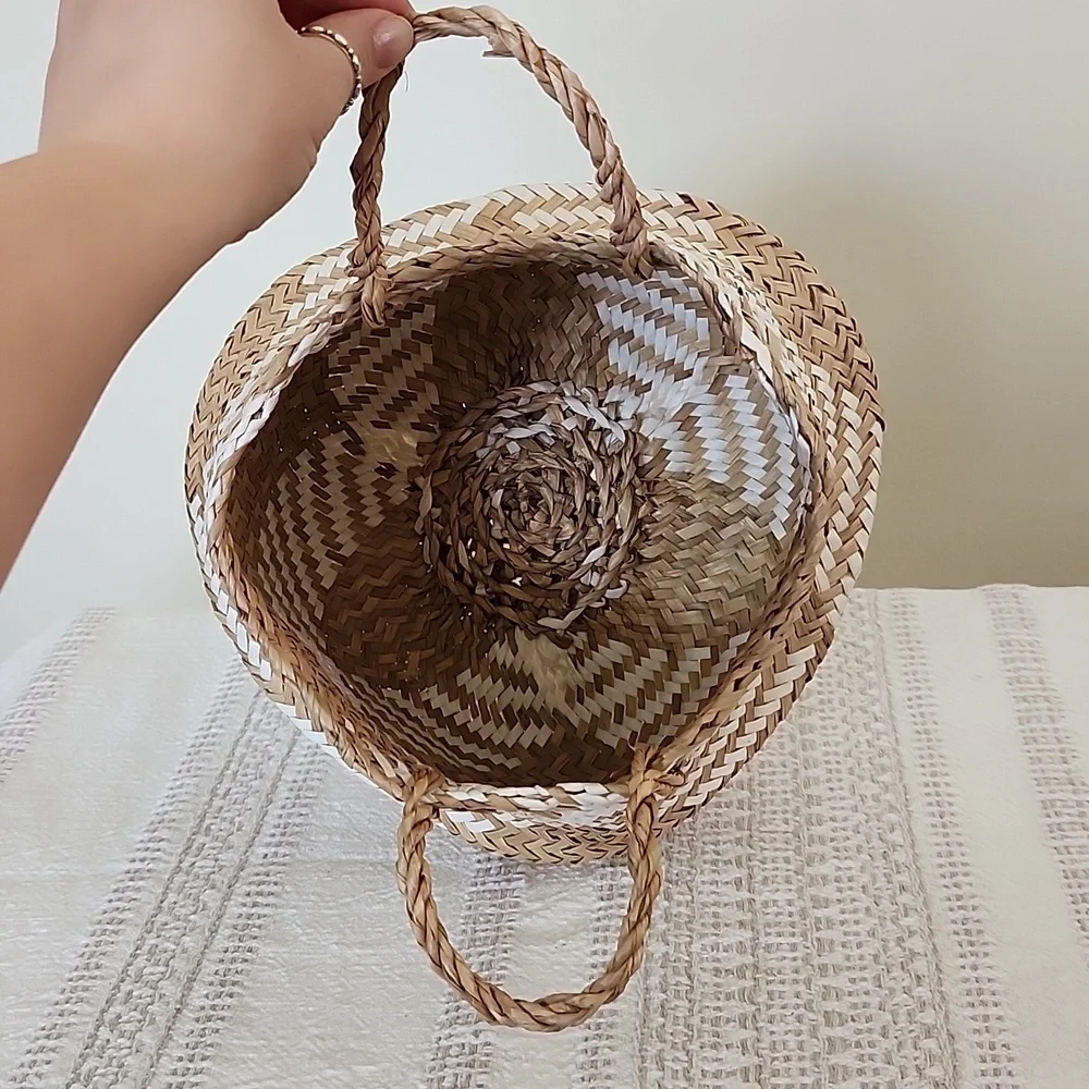 Handmade vintage double handled basket, snake charmer, neutral, farmhouse, boho